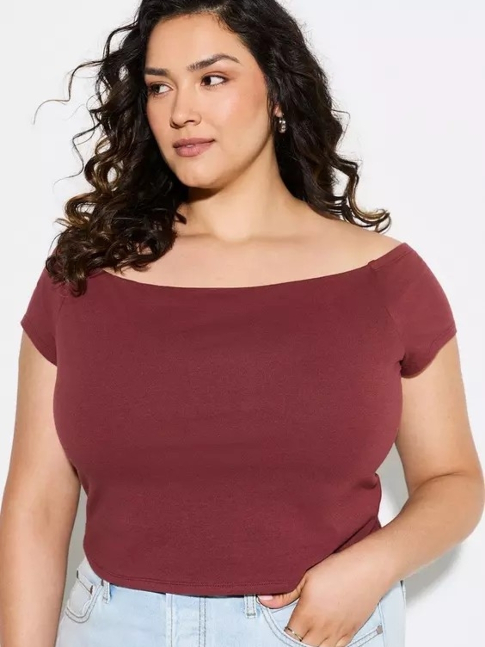 torrid Off-Shoulder Ribbed Crop Top in Deep Wine